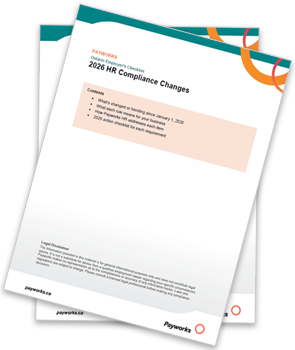 The cover of Payworks' 2026 HR Compliance Changes checklist, shown as a printed document with multiple pages fanned out.