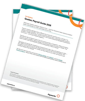 The cover of Payworks' Quebec Payroll Guide 2026, shown as a printed document with multiple pages fanned out.