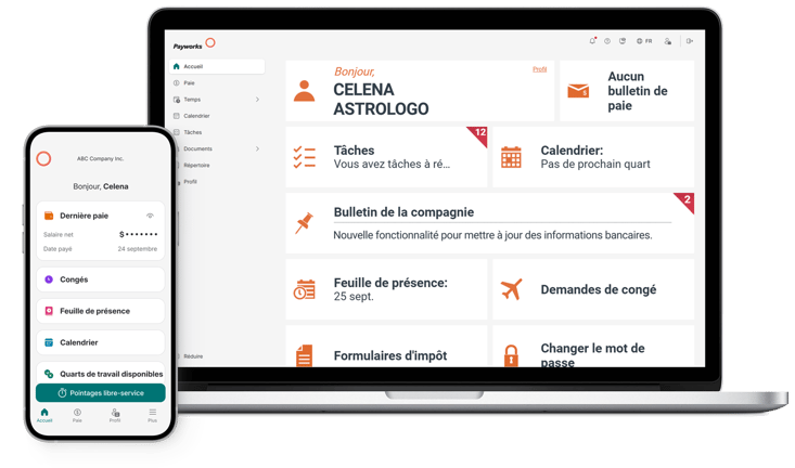 Un ordinateur portable et un cellulaire, affichant chacun la page d’accueil du Libre-service de Payworks.