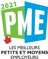 Le logo du Palmarès des meilleurs employeurs de petite et moyenne taille : le texte « PME 2021 » et une feuille d’érable.
