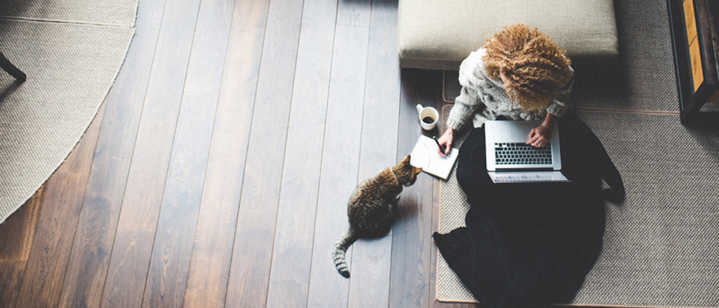 Une femme assise sur le sol de son salon travaille sur son ordinateur portable, avec son chat à ses côtés. Il est écrit : « Comment vos équipes travaillant à distance peuvent tirer parti des téléversements de documents ». 