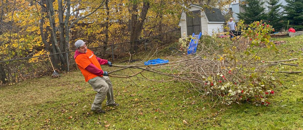 Sales Manager Craig Soontiens and Sales Consultant Stephen McKeller moving trees in the fall time.  