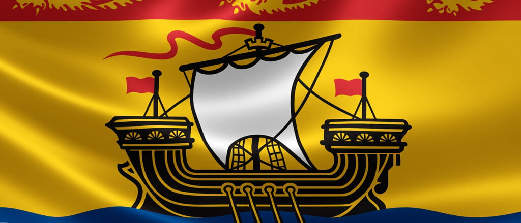 The New Brunswick provincial flag accompanied by text that reads, “Browse through important New Brunswick payroll legislation”. 