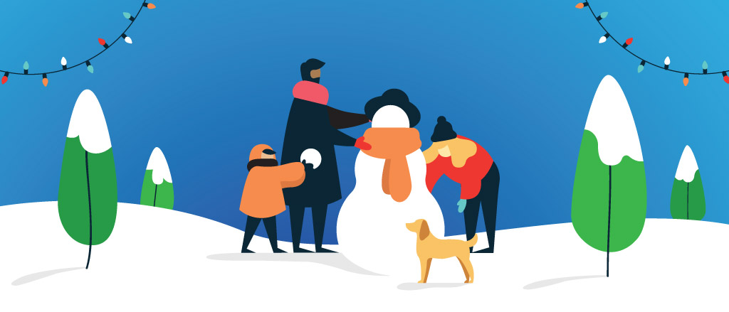 Payworks holiday card with a clear blue sky and a family of three building a snowman.  