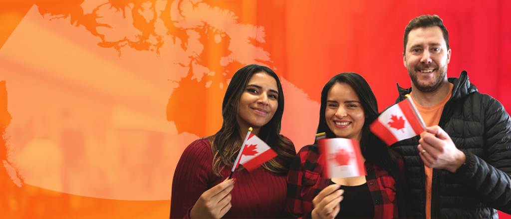 An individual holding a maple leaf accompanied by text that reads, "just like you, we're a Canadian business and proud of it".  