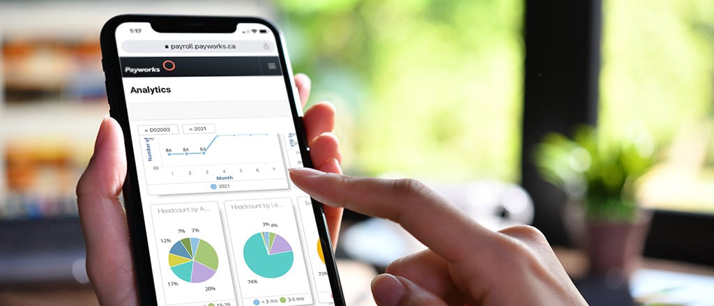 A mobile phone looking at analytics accompanied by text that reads, “data that’s ready to five into – plus, a speed snapshot of headcount, turnover, & employee demographics”.  
