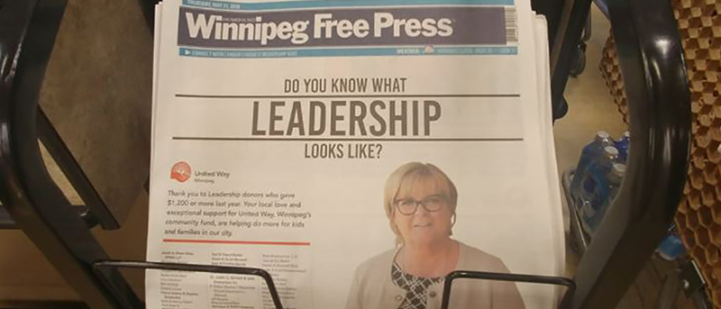 Winnipeg Free Press news article about United Way Leadership. 